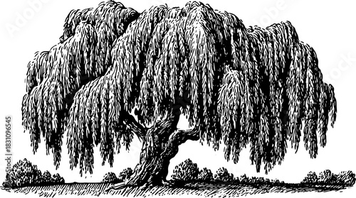 Willow tree with detailed foliage, branches, and trunk. Vintage botanical vector illustration in black and white engraving style.