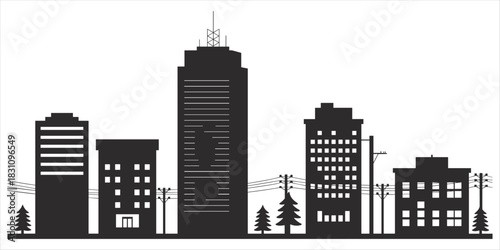 City Skyline Silhouette with Buildings, Trees, and Power Lines Keywords: city, skyline, silhouette, buildings, skyscraper