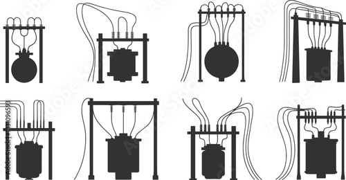 Black Silhouettes of Electrical Transformers and Insulators with Wires Keywords: electricity, transformer, electrical, power