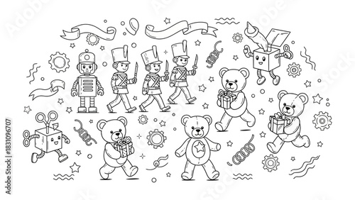 Toy Brigade: A delightful line art illustration features a whimsical array of toys in a parade, creating a nostalgic scene filled with childhood charm and imaginative play.