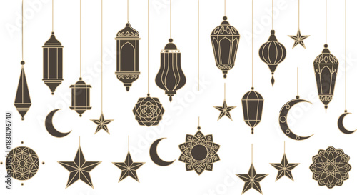 Islamic ornament illustration—hanging lanterns, crescent moons, stars, and floral motifs in festive gold outline