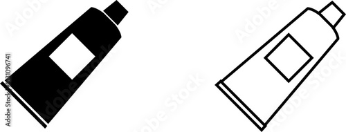 Simple black and white logo design featuring a tube resembling a paint or cream container