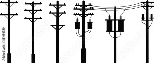 Collection of black silhouette utility poles with various designs and transformers power line electricity