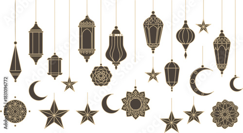 Islamic decorative element set—lanterns, crescents, stars, and mandalas for festive Ramadan and Eid visuals