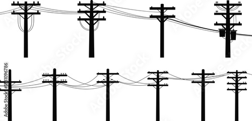 Collection of electricity poles with overhead wires and cables in silhouette Keywords: electricity pole, power pole, utility