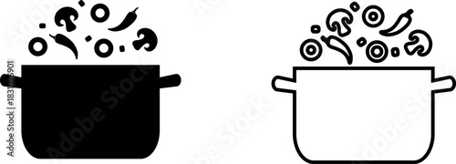 Cooking pot icon with colorful ingredients floating above in black and white design