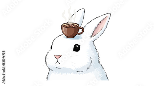 Whimsical Bunny with Coffee: A charming bunny balances a steaming cup of coffee, creating a playful and heartwarming illustration.