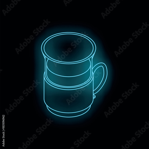 Neon blue vietnamese coffee maker is brewing on black background