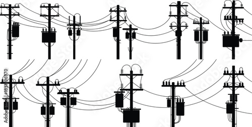 Collection of ten silhouettes of electricity poles with transformers and wires power