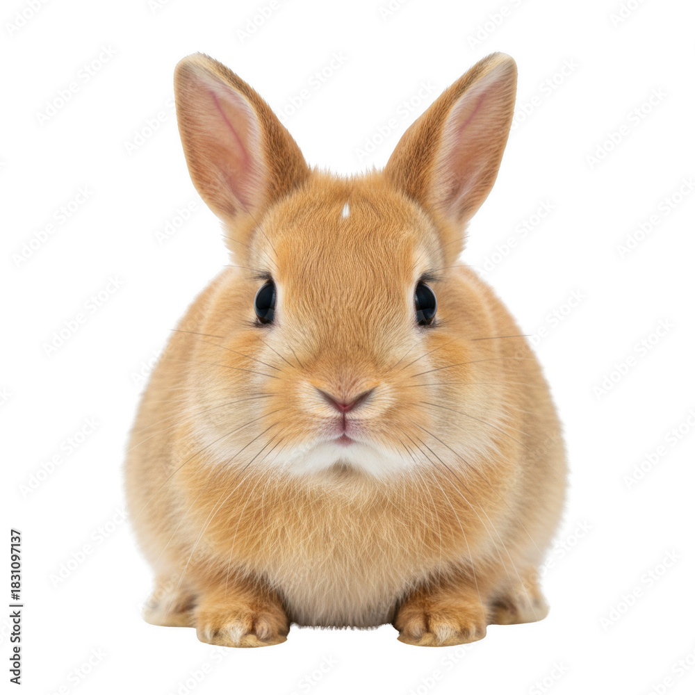 Obraz premium Adorable close-up portrait of a fluffy sandy-colored pet rabbit sitting upright, isolated against a solid dark surface