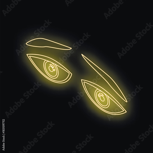 Neon yellow glowing eyes staring intently from the darkness create a mysterious and captivating image