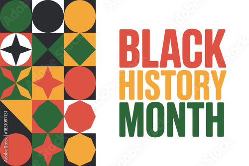 Black History Month is celebrated with colorful geometric patterns and bold typography.