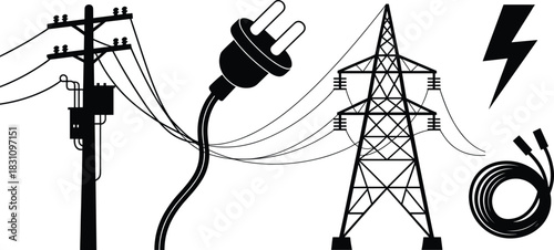 Electricity Power Line Components and Electrical Plug Silhouette Set Keywords: electricity, power, energy, transmission