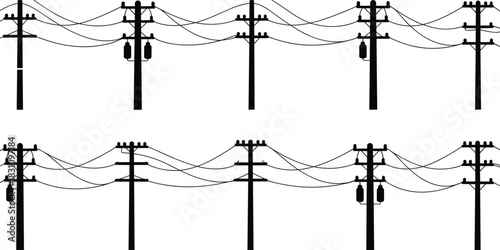 Eight Silhouetted Electricity Poles With Wires And Transformers On White power line utility pole