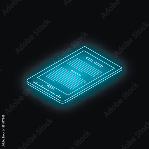Isometric view of a glowing ebook reader displaying text on a dark background, representing digital reading and technology