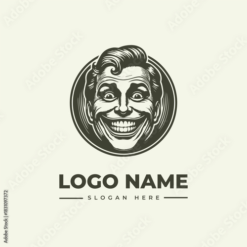 Retro mascot logo vector illustration featuring a creepy smiling man's face in a classic engraving style