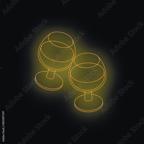 Two glowing cognac glasses are touching each other like making a toast on black background