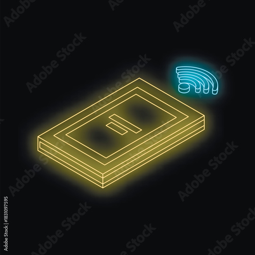 Isometric view of glowing neon yellow smartphone with blue wi fi symbol, representing mobile connectivity