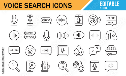 Voice Search Editable Line Icons Set for Smart App and Web Design