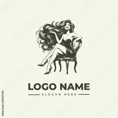 Vintage vector illustration engraving logo of a glamorous woman sitting on a chair