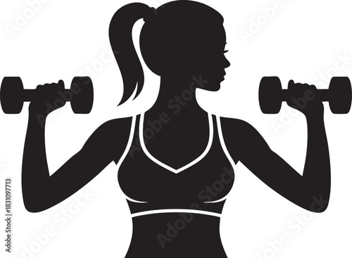 A black silhouette of a woman with her hair in a ponytail, holding dumbbells and wearing a sports bra. 