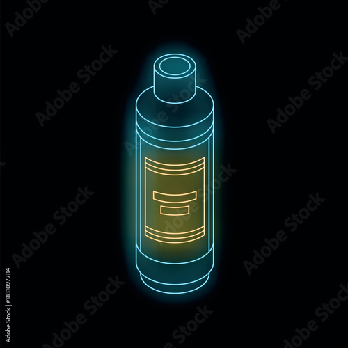 Neon cosmetic bottle glowing on black background, representing beauty products, skincare, and vibrant nighttime routines