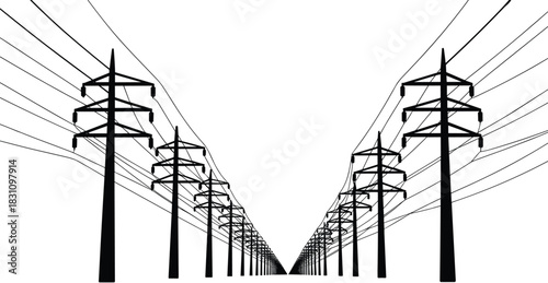 Perspective View Of Black Silhouette Power Lines And Towers On White electricity tower transmission tower