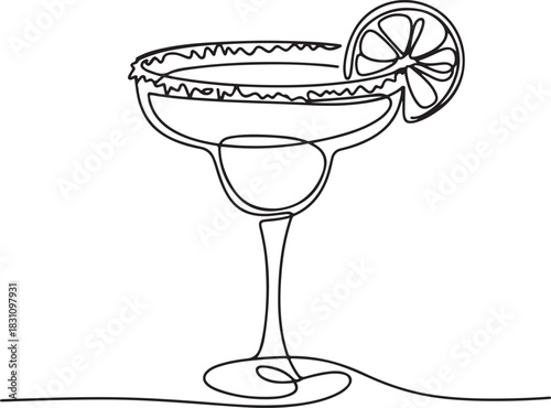 Continuous Line Art Illustration of Margarita Glass with Salt Rim and Lime Wedge Smooth Minimal Handmade Style