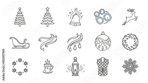 Christmas Icons: A collection of festive line art icons, each portraying a unique element associated with the Christmas season. A blend of classic imagery with a contemporary aesthetic. 