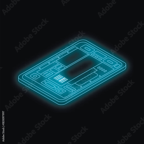 Neon blue smartphone showcasing its internal structure, highlighting technological advancements in a futuristic style