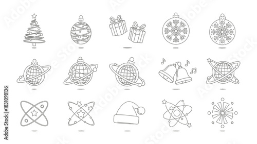 Holiday Icon Set: A captivating assortment of line art icons, each delicately crafted with intricate details, showcasing the festive spirit of the holiday season. The icons includes christmas trees.