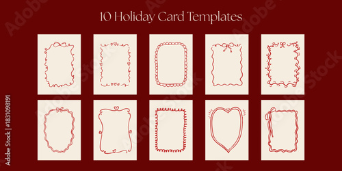 Set of 10 holiday card templates featuring hand-drawn red decorative frames with bows, hearts and wavy outlines on beige backgrounds. Elegant festive stationery designs