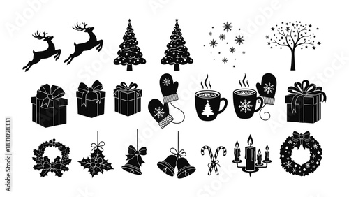 Festive Season Emblems: A collection of meticulously crafted, elegant monochrome illustrations captures the essence of winter holidays, embodying seasonal cheer.