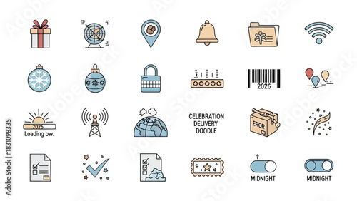 Assorted Icons for Holiday Cheer and Tech Functions: a collection of diverse, cheerful vector icons, including seasonal symbols like ornaments and gifts.