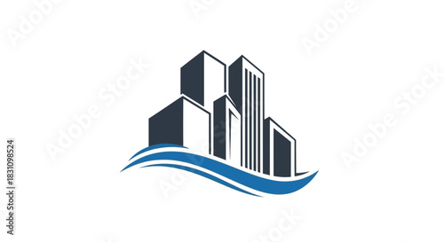 Modern abstract logo design featuring a cluster of dark blue and white skyscrapers above blue wavy lines on a white background