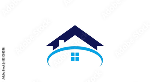 Modern abstract house logo with blue roof and curved element representing home and security