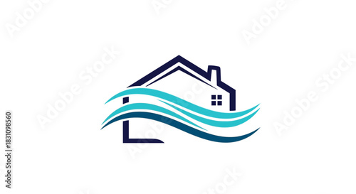 Modern house logo with flowing blue waves representing water or air elements