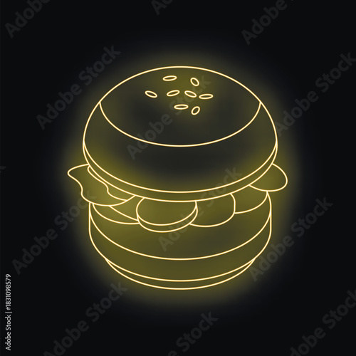 Neon burger sign glowing on a dark background, representing fast food and american cuisine