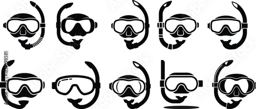 Assortment of scuba diving mask and snorkel icons in silhouette Keywords: scuba diving, snorkeling