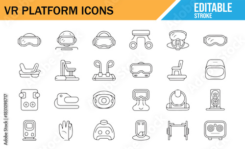 VR Platform Editable Line Icons Set for Virtual Reality and Metaverse