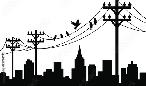 Silhouette of a city skyline with birds perched on power lines urban architecture