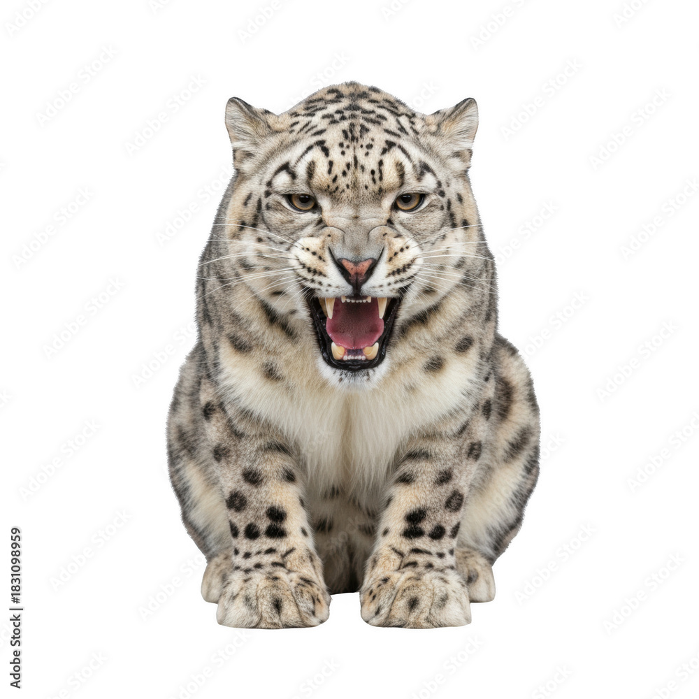 Fototapeta premium Furious Snow Leopard Roaring and Displaying Fangs, Isolated Front View