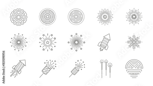 Celebratory Sparkles in Monochrome: A vibrant display of festive firework illustrations, exuding joy and celebration in elegant monochromatic design.