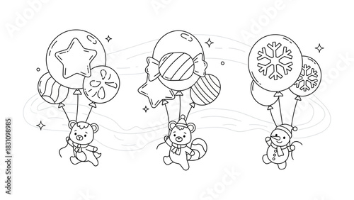 Whimsical Characters and Festive Balloons: A charming collection of illustrations features an adorable bear, squirrel, and snowman. Each character joyfully floats upwards.
