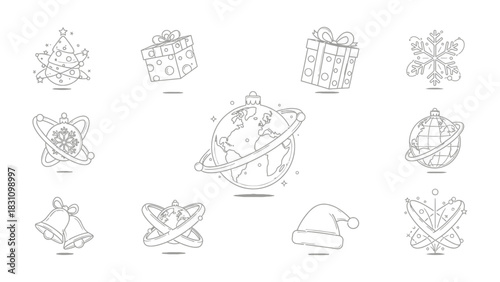 Festive Ornament Collection: A collection of festive ornaments, symbols of holiday cheer, presented in a delightful display of line art. Each element radiates the spirit of joyous celebration.