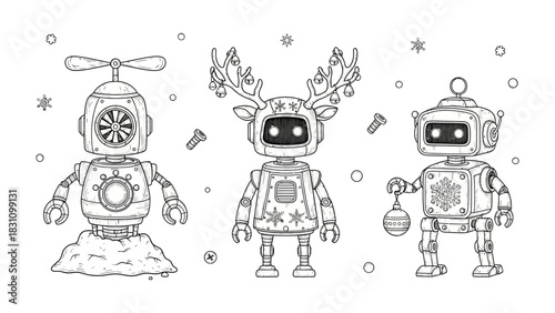 Robotic holiday: A trio of robots in festive attire celebrates the holidays, combining technology with the spirit of the season. 