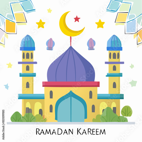 Ramadan Kareem Islamic Gift and Wish Card. With crescent moon mosque and star. 