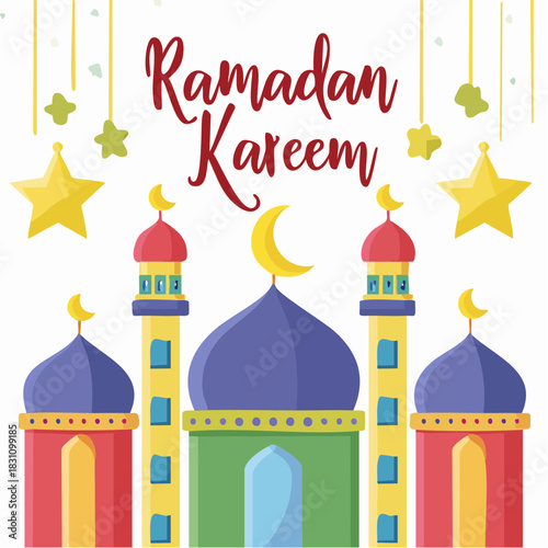 Ramadan Kareem Islamic Gift and Wish Card. With crescent moon mosque and star. 