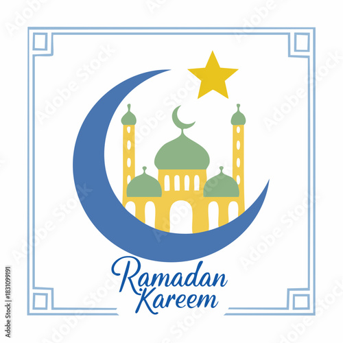 Ramadan Kareem Islamic Gift and Wish Card. With crescent moon mosque and star. 