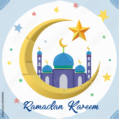 Ramadan Kareem Islamic Gift and Wish Card. With crescent moon mosque and star. 